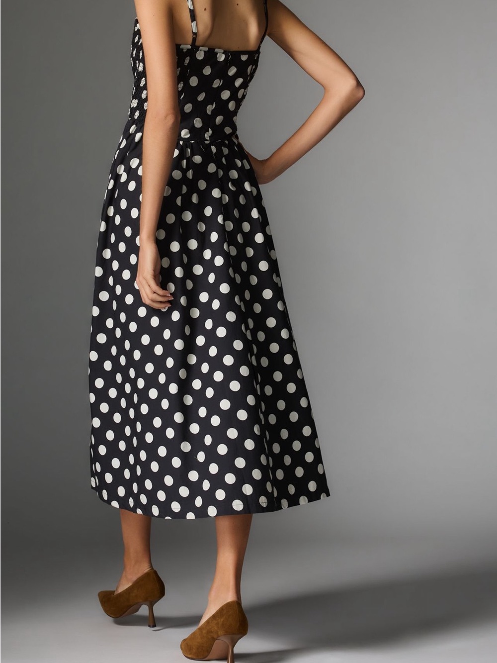 Anthropologie Maeve Black and White Polka Dot Square-Neck Midi Dress - Picture 2 of 4